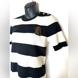 Lauren Ralph Lauren Women's Knit Tee XL Striped Crest Logo Gold Buttons Classic